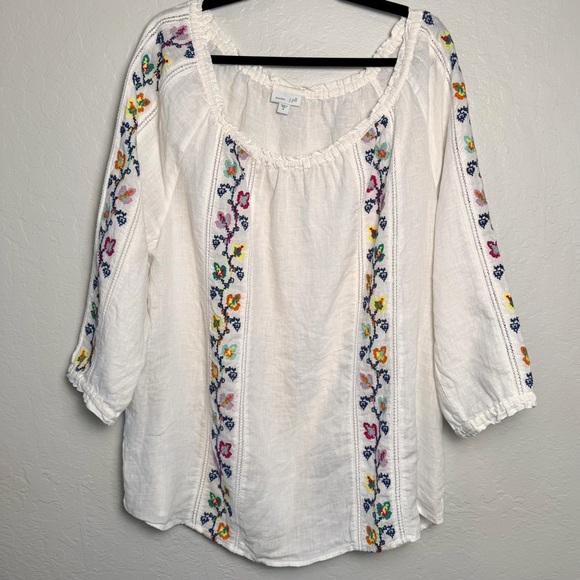 J. Jill Tops - J. Jill Love Linen White Floral Embroidered Blouse XL Boho Coastal